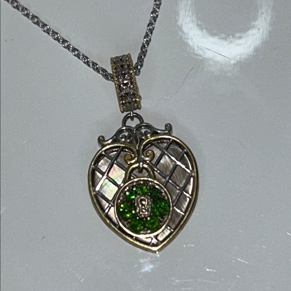 NWOT Mother of Pearl Chrome Diopside Gemstone Heart Lock Designer Necklace - Picture 3 of 6